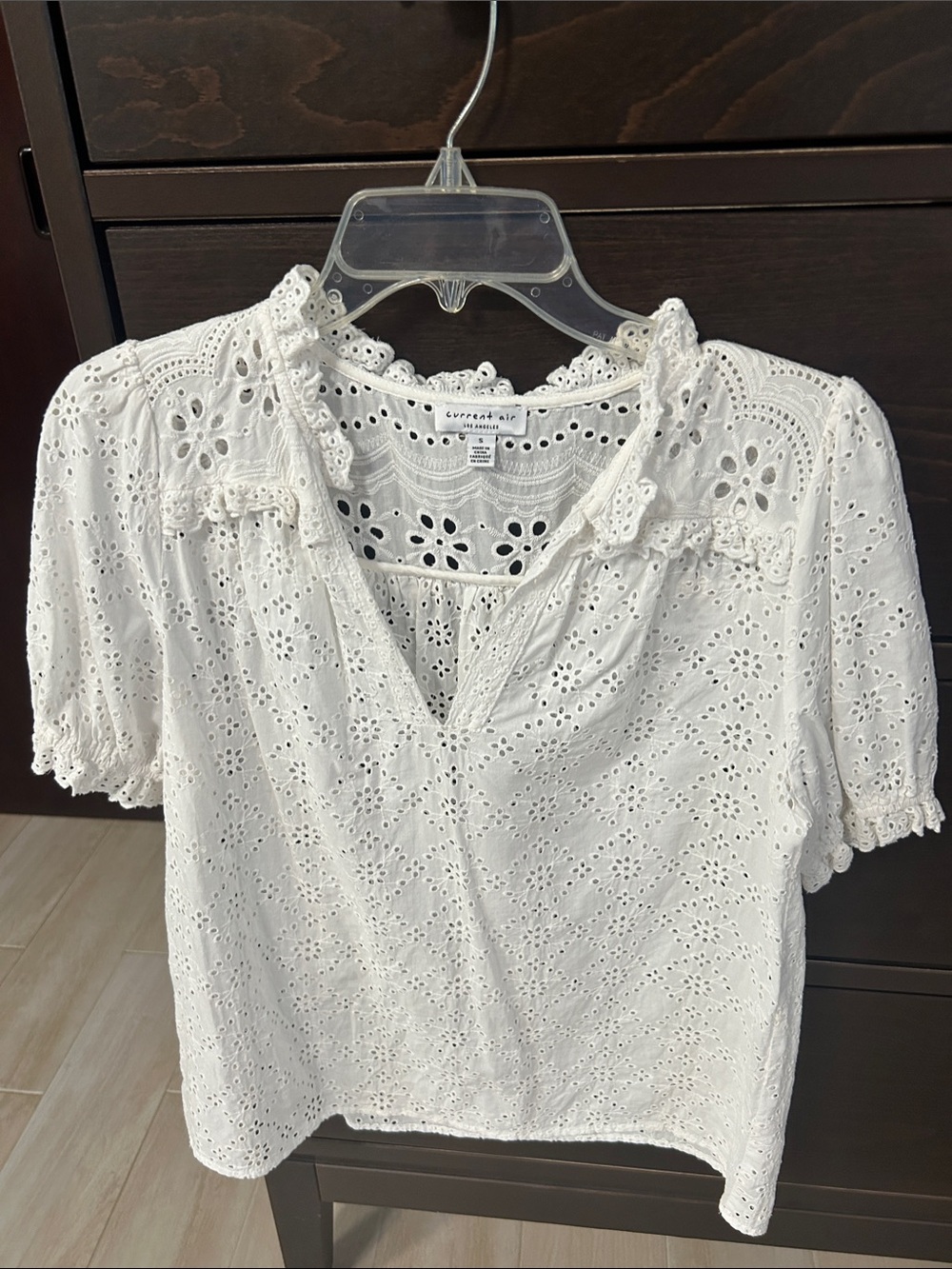 Current Air White Eyelet Lace Ruffle Neck Blouse